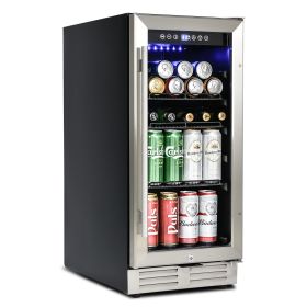 Built-in and Freestanding 15" Mini Beverage Refrigerator/Wine Cabinet, 120 Cans, 34-65°F, Quiet, Adjustable Shelves, Touch Controls, Defrost