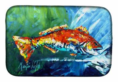 Sealife Art Themed Dish Drying Mat (Color: Break Through Red Fish, size: 14 x 21)