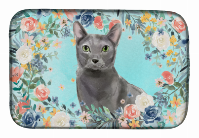 cat breed/Flowers art Dish Drying Mat (Color: Blue Russian, size: 14 x 21)