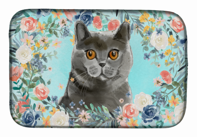 cat breed/Flowers art Dish Drying Mat (Color: British Shorthair, size: 14 x 21)