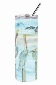 Bird 20 oz Skinny Tumbler (Color: Pelicans in Blue Double Walled Stainless Steel, size: 3 x 8.25)