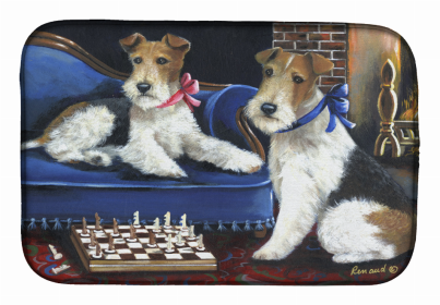 Dog Breed Art Dish Drying Mat (Color: Fox Terrier Checkmates, size: 14 x 21)