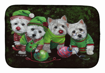 Dog Breed Art Dish Drying Mat (Color: Westie Christmas Santa's Assistants, size: 14 x 21)