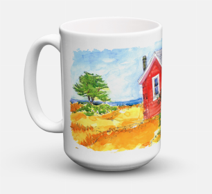 Scenic Coffee Mug 15 oz (Color: Old Red Cottage House at the lake or Beach, size: 5 x 5)