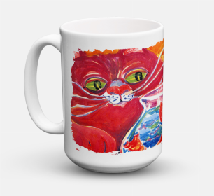 Cat Coffee Mug 15 oz (Color: Big Red Cat at the fishbowl, size: 5 x 5)