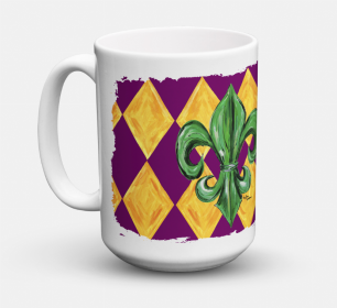 Festive Coffee Mug 15 oz (Color: Mardi Gras Fleur de lis, size: 5 x 5)