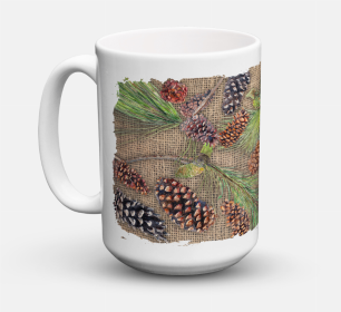 Tree Coffee Mug 15 oz (Color: Pine Cones on Faux Burlap, size: 5 x 5)