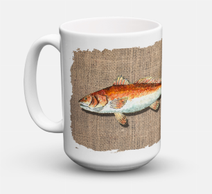 Fish Coffee Mug 15 oz (Color: Red Fish  on Faux Burlap, size: 5 x 5)