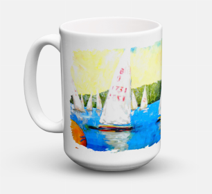 Nautical Coffee Mug 15 oz (Color: Sailboats Round the Mark, size: 5 x 5)